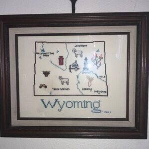 Vintage State of Wyoming Cross-Stitch Framed Art by VHM 14x17”